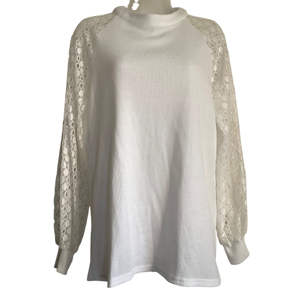 MIHOLL White Mock Neck‎ Waffle Knit Dainty Boho Lace Sleeve Blouse Top Women's M - Picture 7 of 11